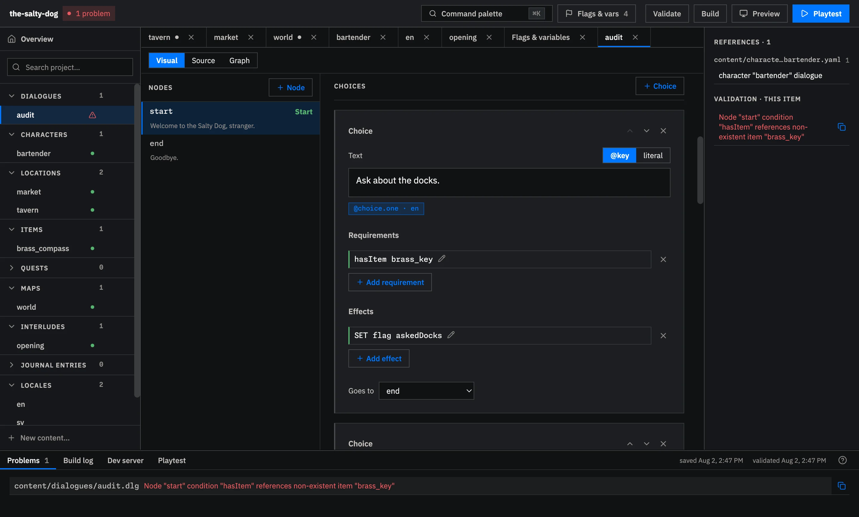 A dialogue problem opened at the matching requirement, with the same message in the Validation panel and Problems dock